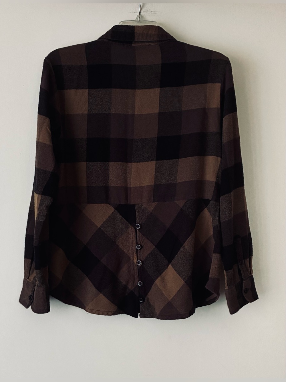 Keren Hart Flannel Shirt, Sz. S, Black/Brown Plaid, Peplum Back w/ Buttons